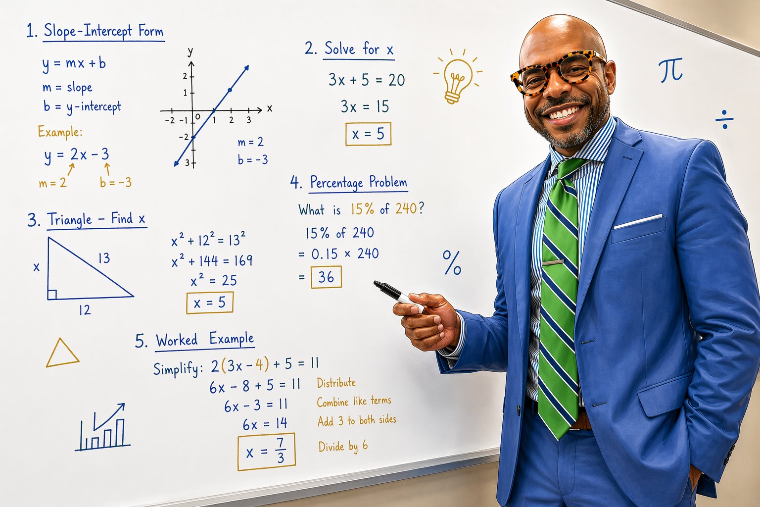 Teacher at whiteboard demonstrating algebra, geometry, and percentage problems