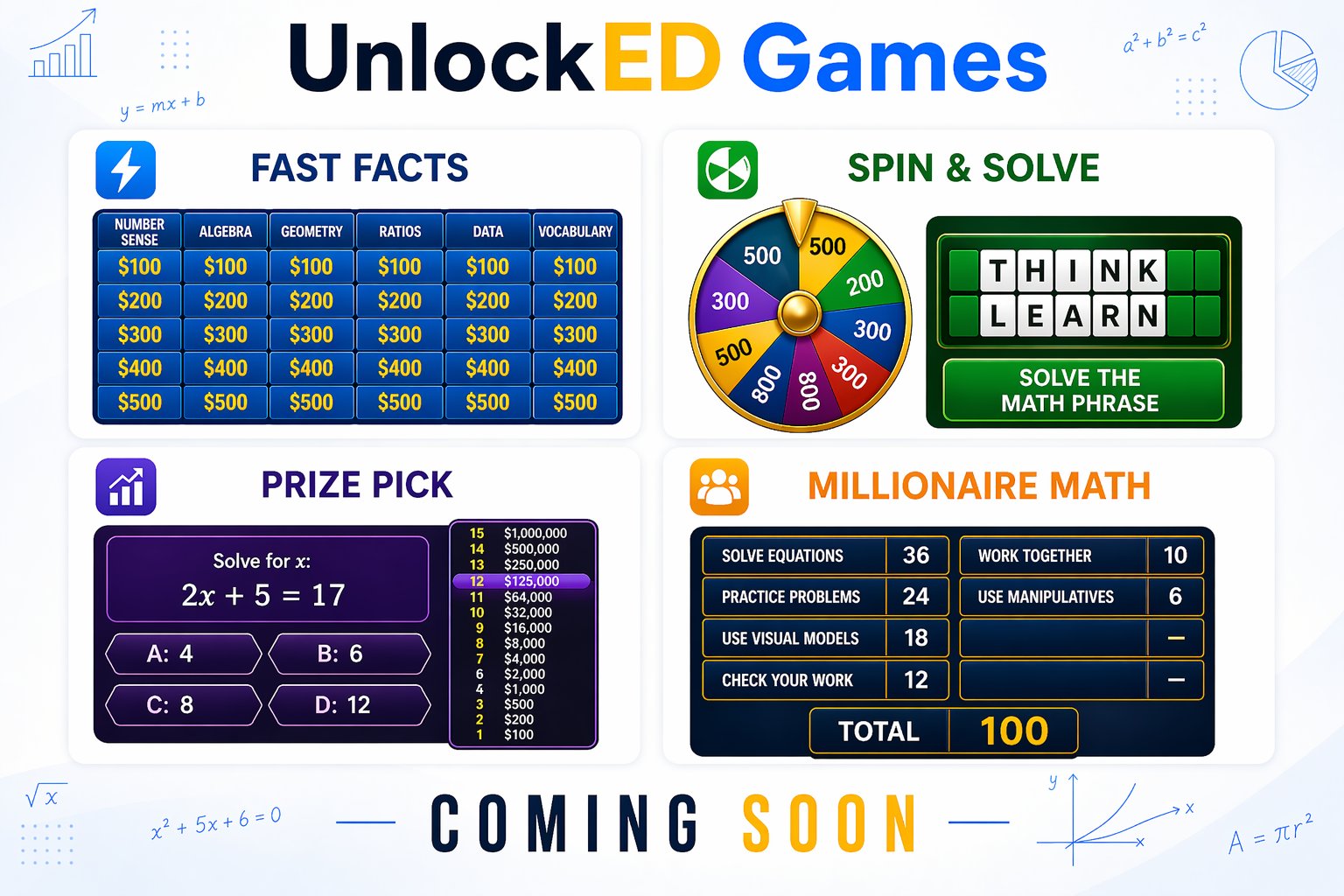 Preview of UnlockED Games suite including Fast Facts, Spin and Solve, Prize Pick, and Friendly Feud — coming soon