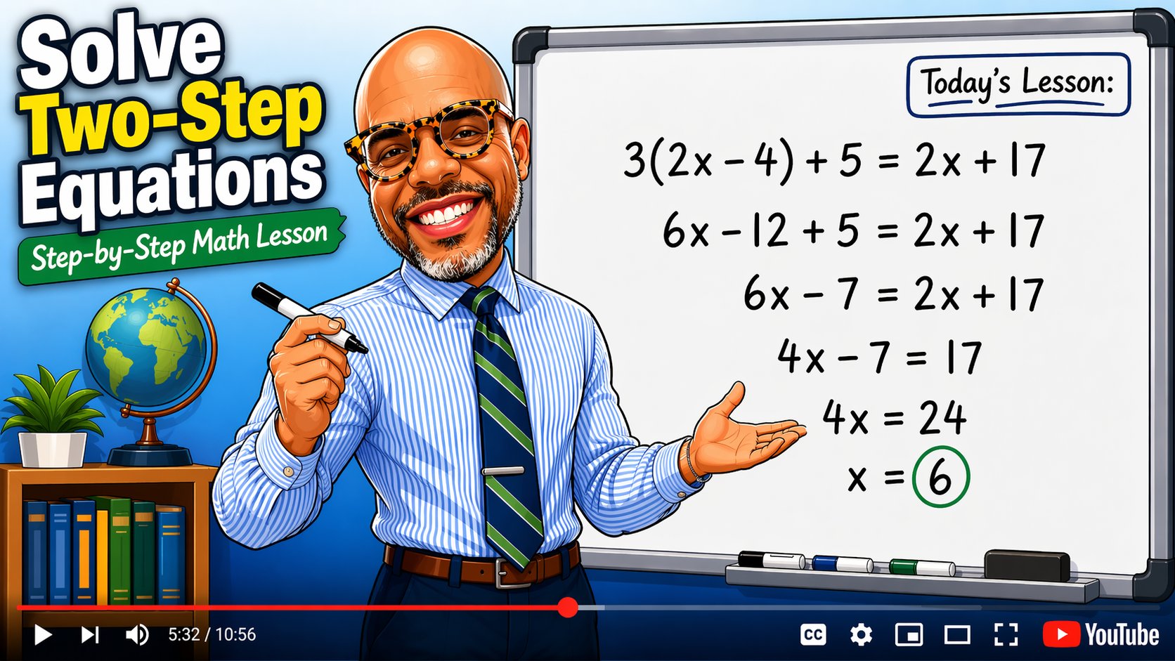 Math teacher explaining a multi-step algebra equation on a whiteboard in a whiteboard doodle style