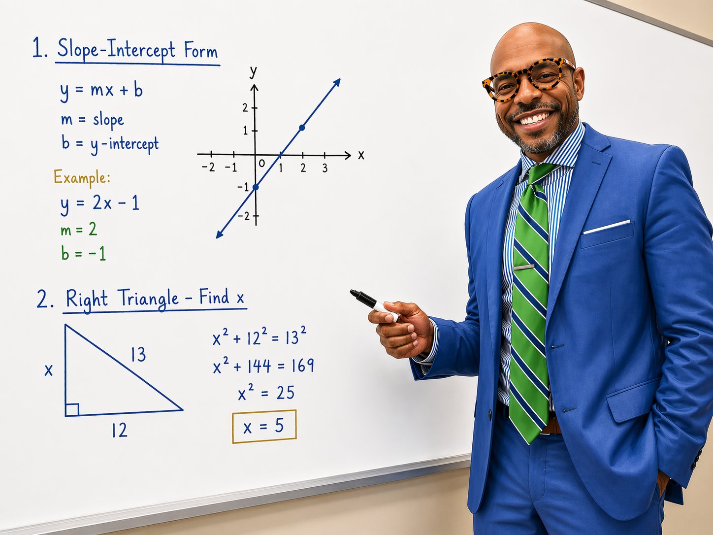 Robb at the whiteboard demonstrating slope-intercept form and a right-triangle Pythagorean example